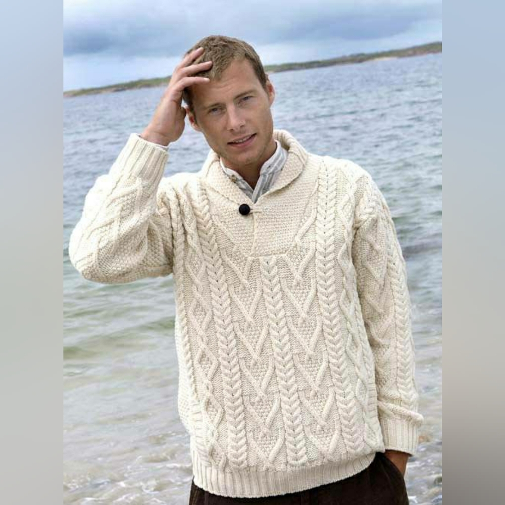 Aran Crafts Sweater 100% Merino Wool Ireland Cable Knit Shawl Collar Fisherman L
